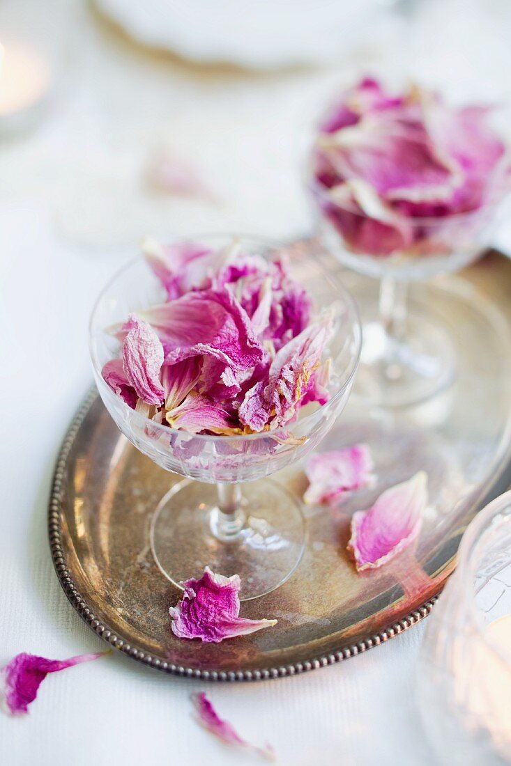 Table decoration with dried rose petals