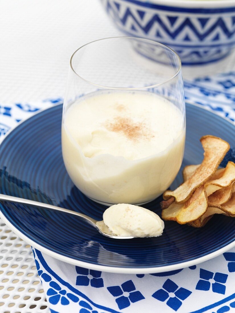 White chocolate mousse with pear chips