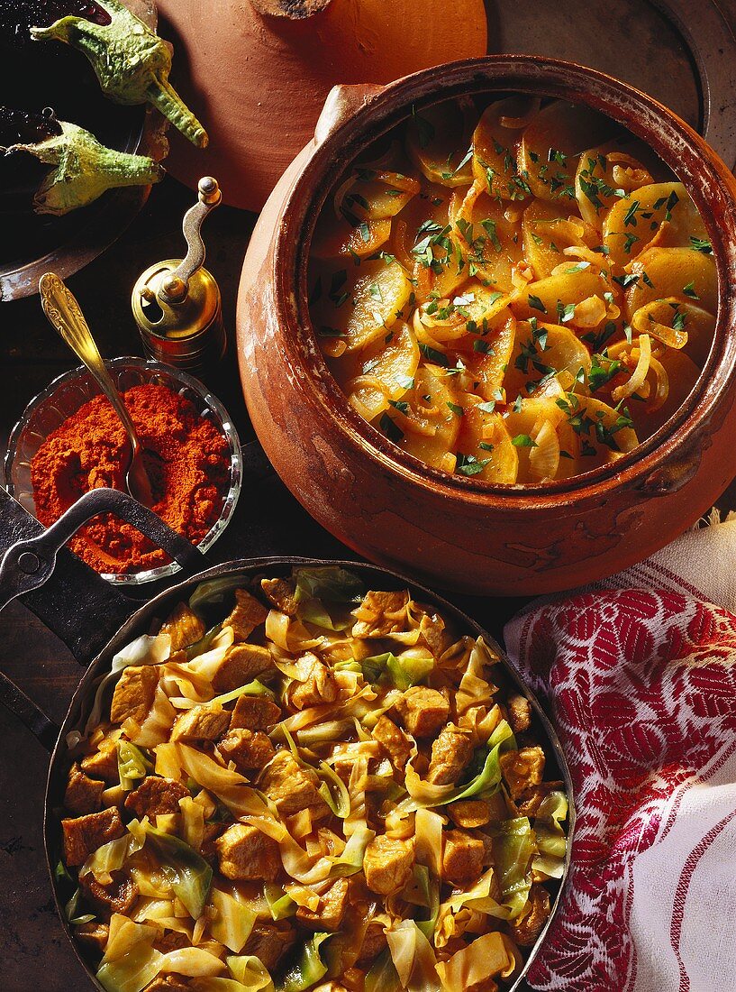 Vegetable stew with meat & lamb with white cabbage in pan