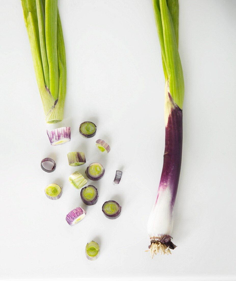 Organic Purple Scallions One Sliced and One Whole