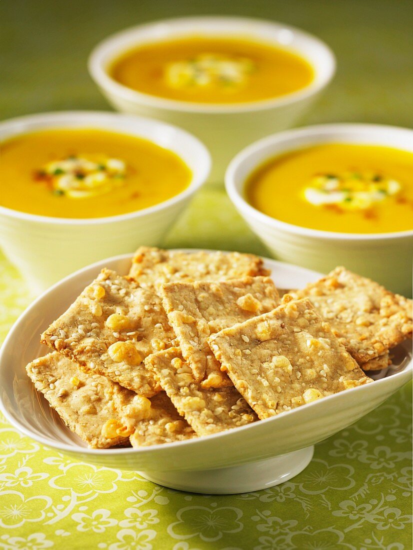 Gouda crackers and cream of pumpkin soup