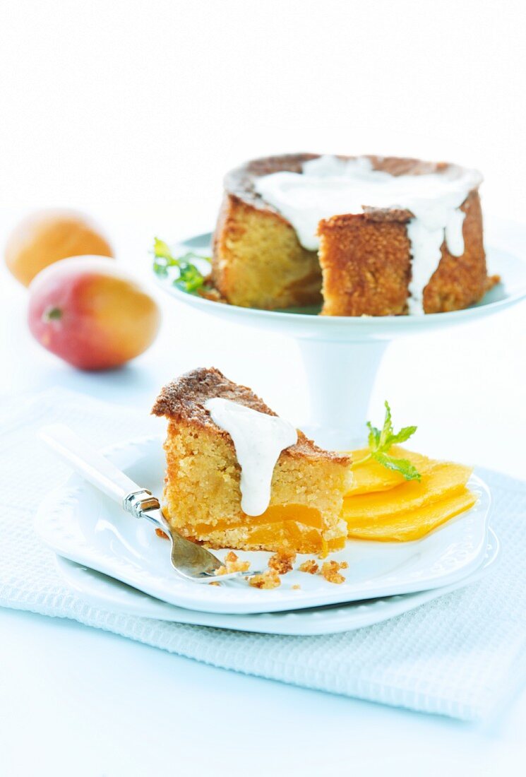 Polenta and mango cake with a white chocolate and yogurt sauce