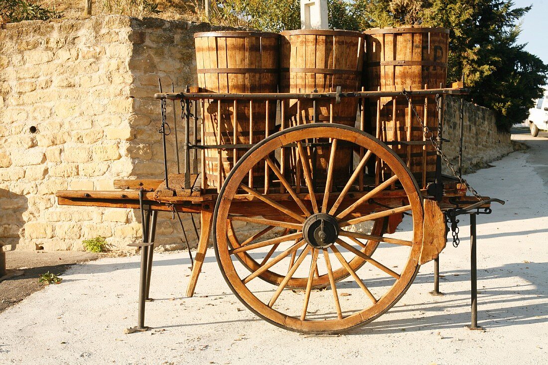 Antique Wooden Cart with Wooden Barrels; Spain
