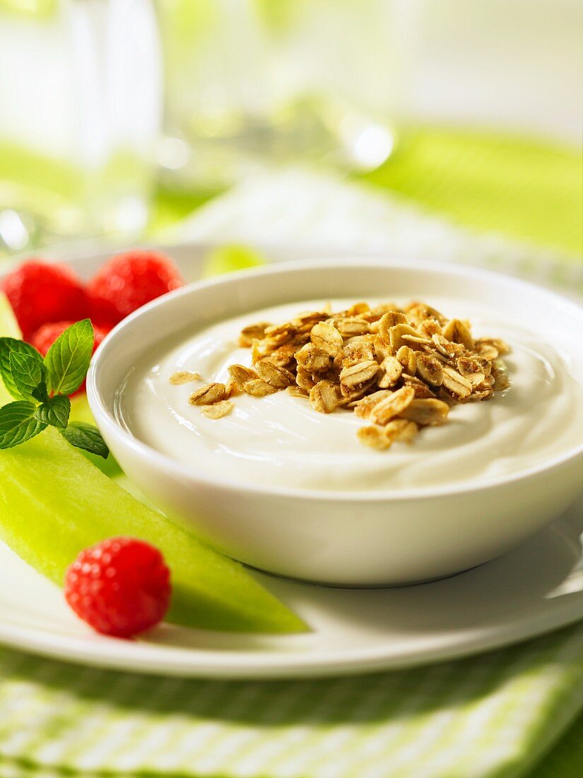 Low-fat yogurt with oats and raspberries