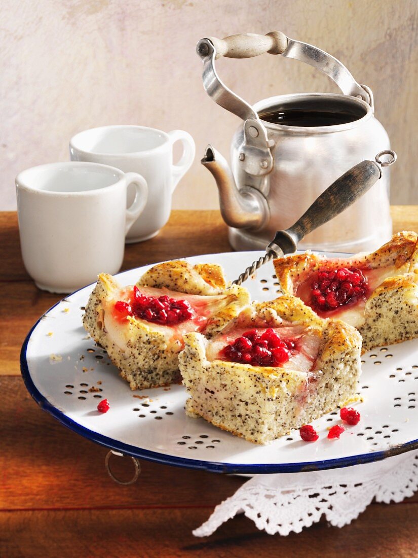 Poppy seed and pear cake with lingonberry jam