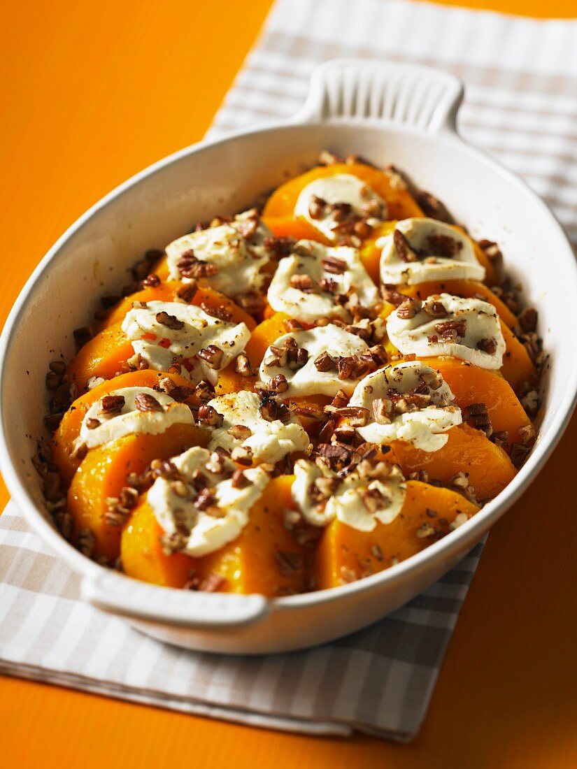 Butternut squash with marshmallows and candied walnuts