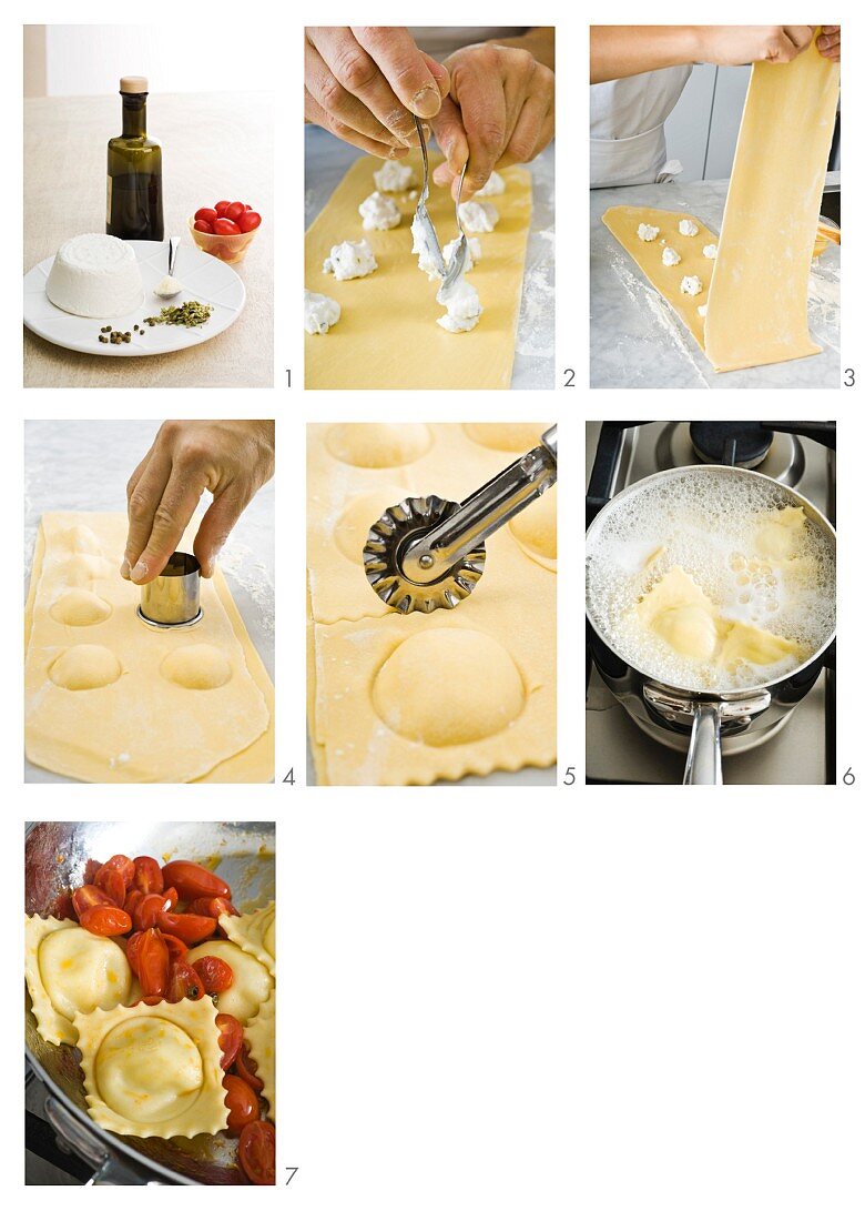Ricotta-filled ravioli being prepared