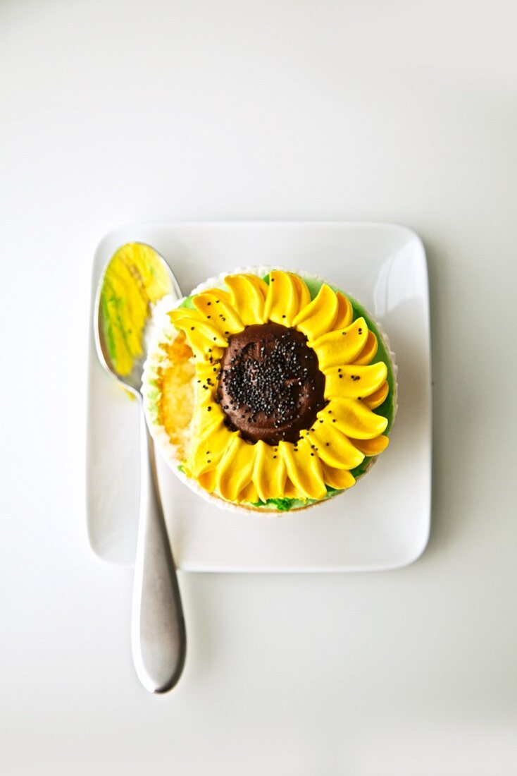 Sunflower Cupcake; From Above, Bite Removed with Spoon