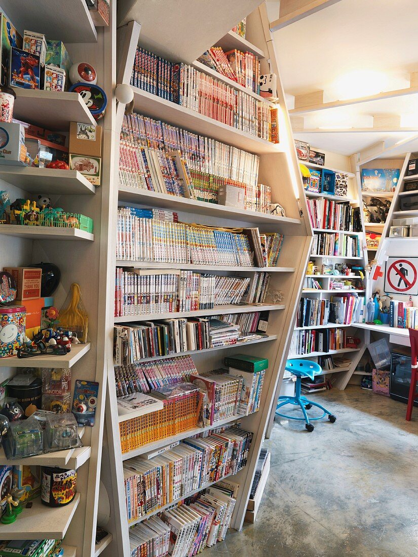 Custom made, white book shelves in a living room