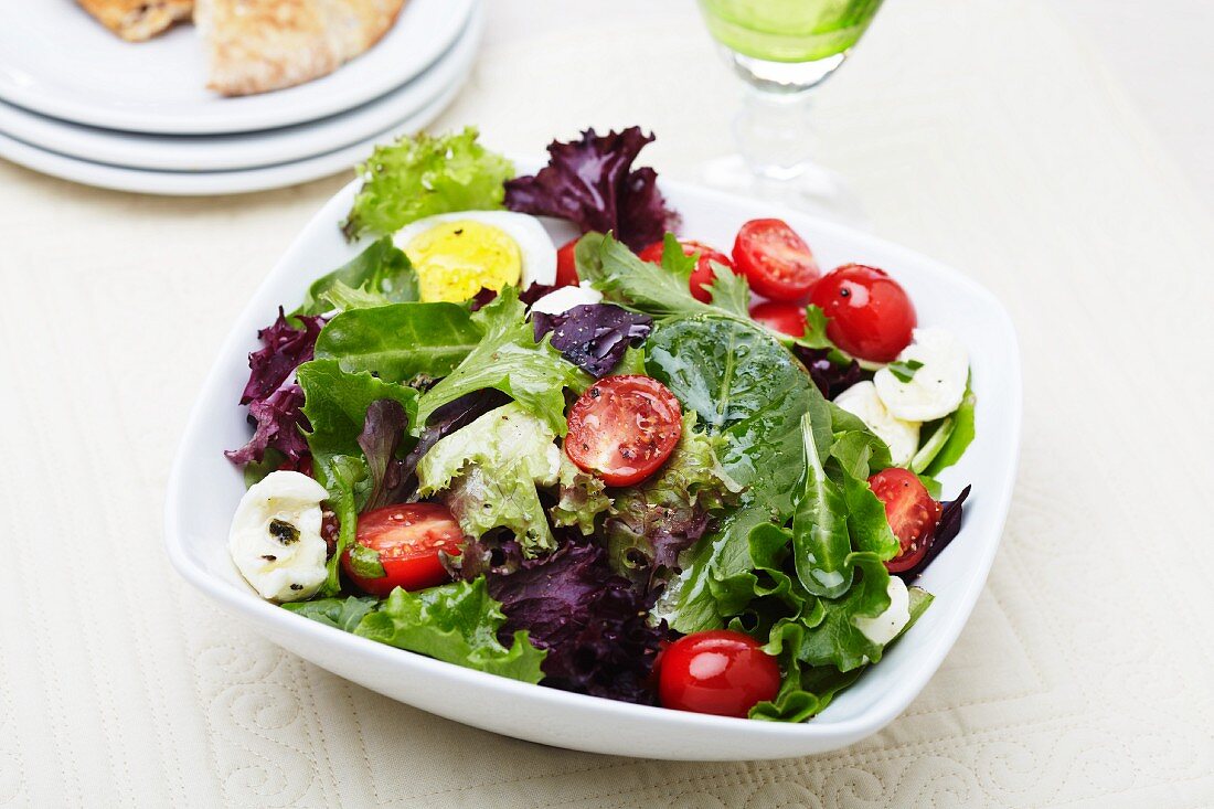 Gemischter Salat mit Büffelmozzarella, Kirschtomaten, Ei und Vinaigrette