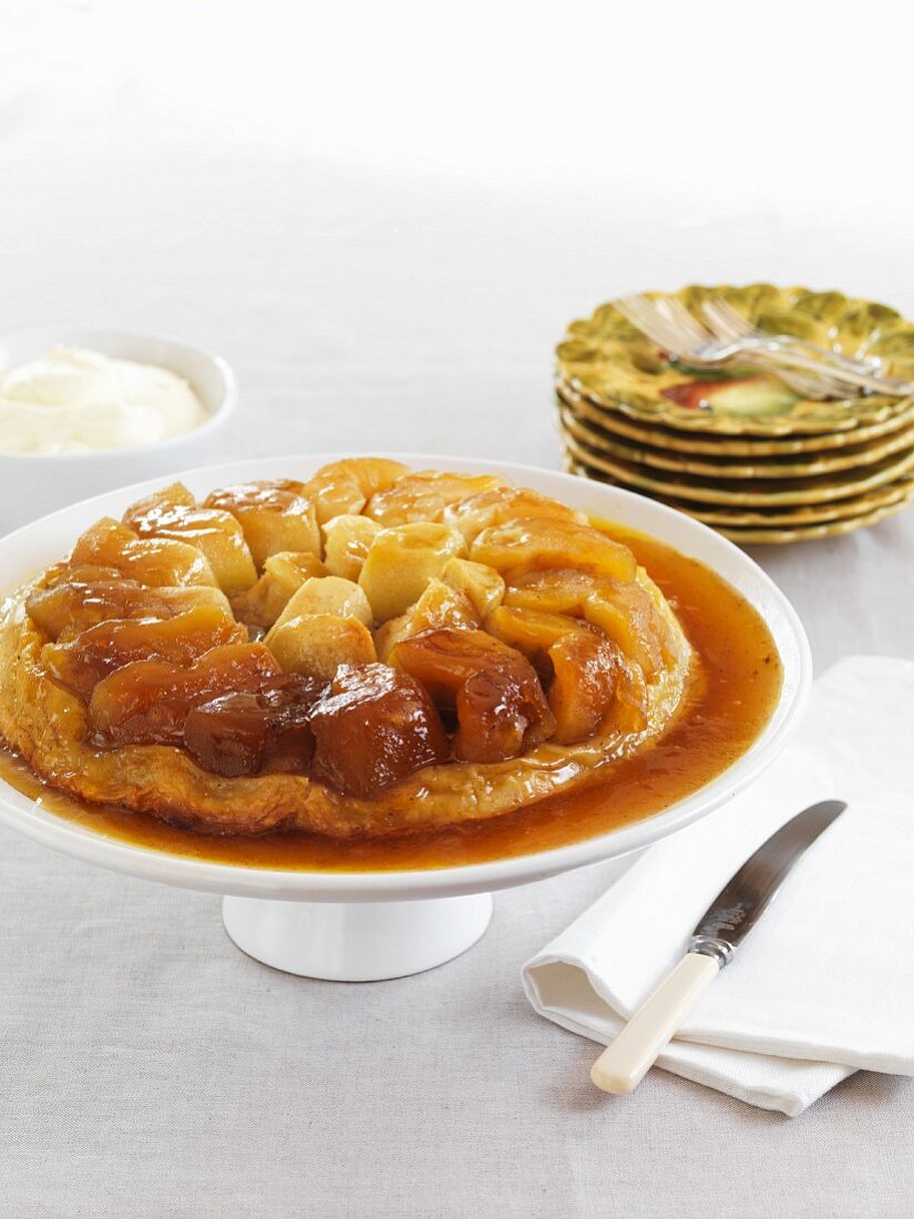 Tart tatin on a cake stand