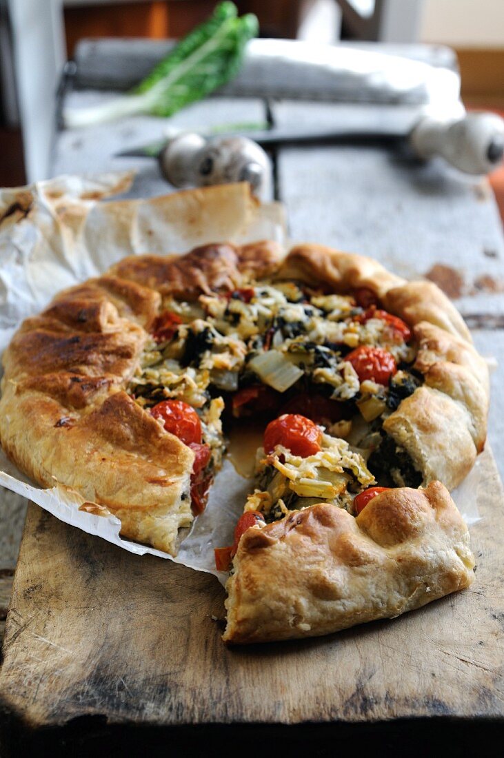 Swiss chard, cheese and cherry tomato puff pastry tart