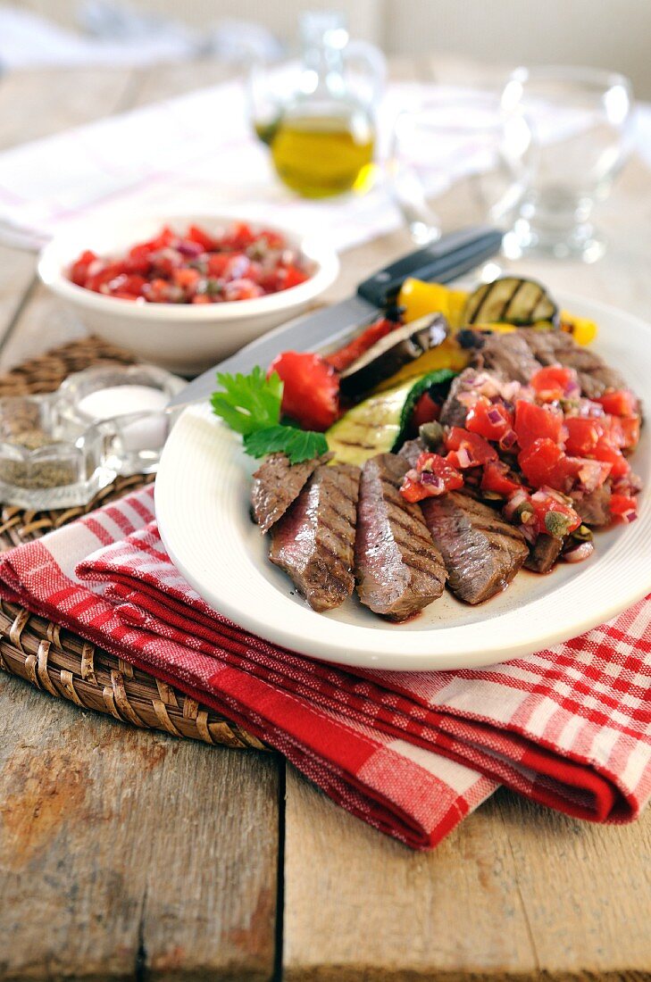 Barbecue sirloin steak with mixed Mediterranean vegetables