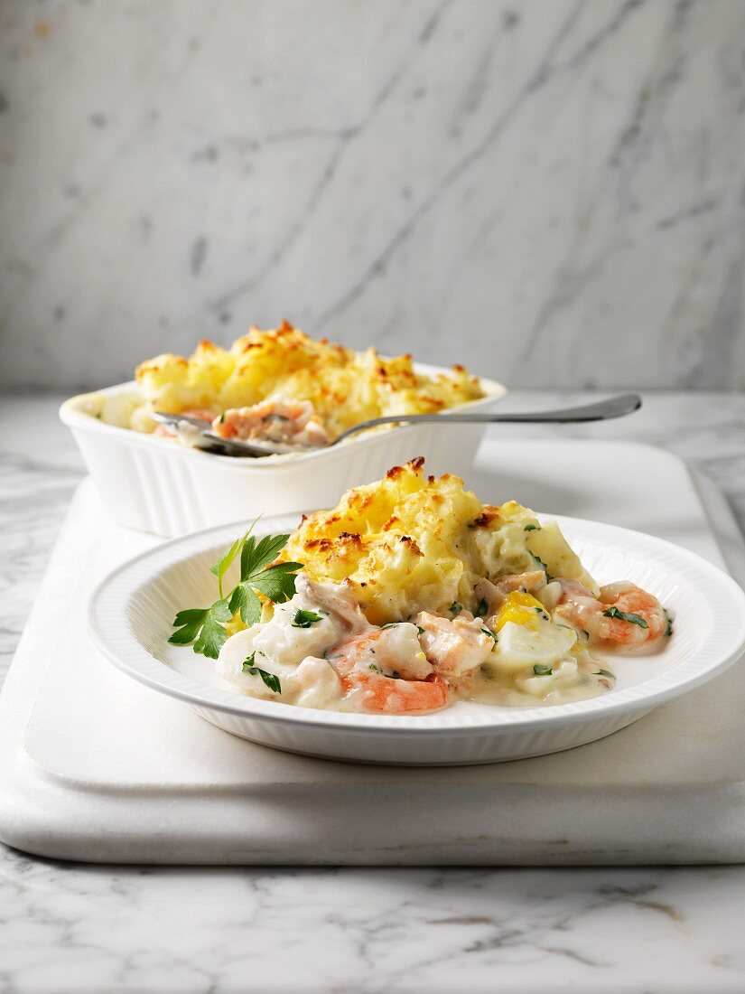 Plate of fish pie with potatoes