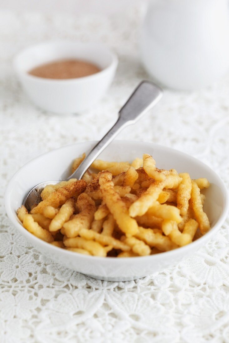 Sweet Spätzle (soft egg noodles from Swabia) with cinnamon and sugar
