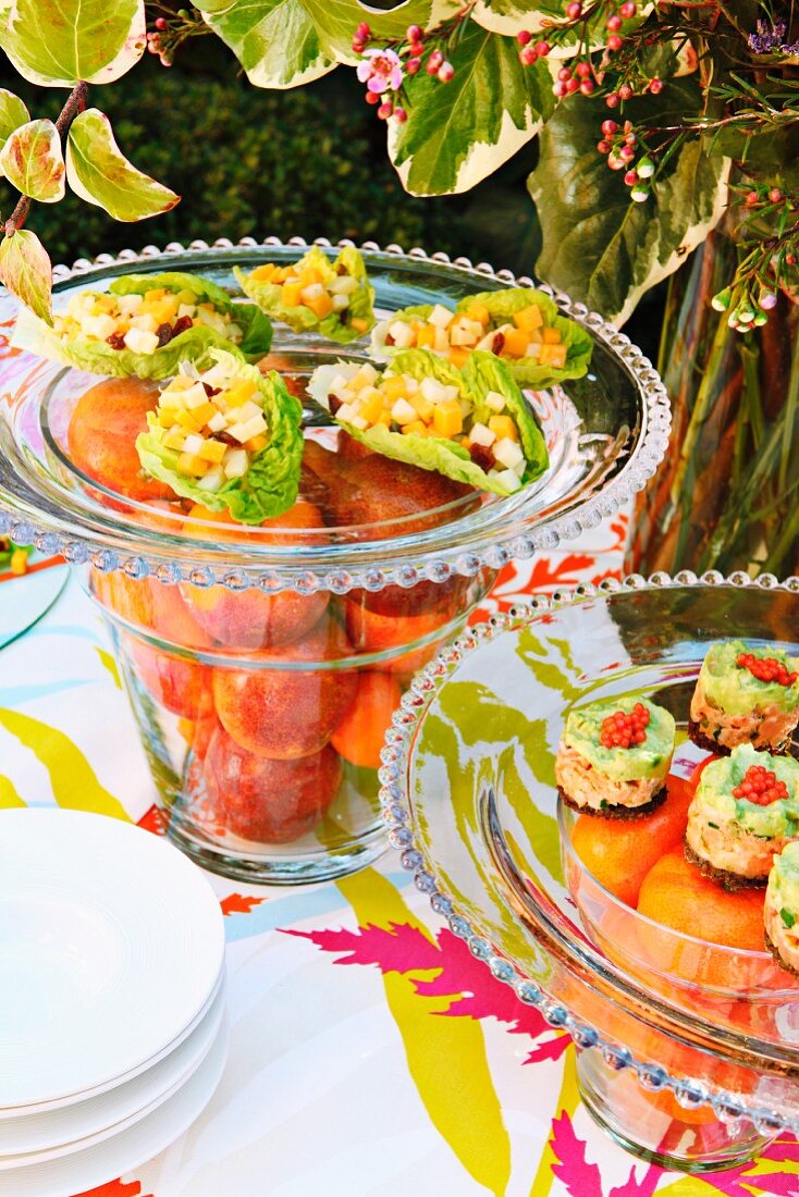 A summer buffet in the garden with stuffed lettuce leaves and salmon & avocado tartar