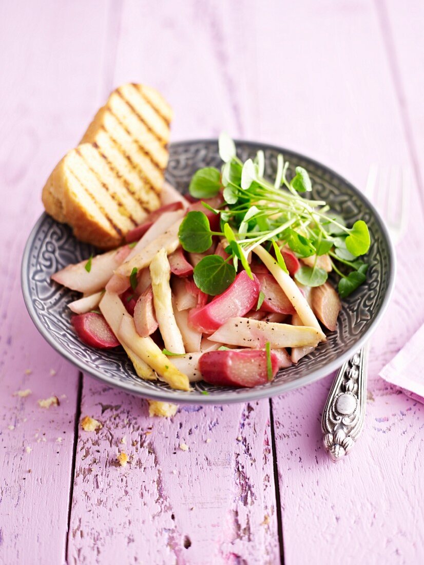 White asparagus and rhubarb salad with watercress