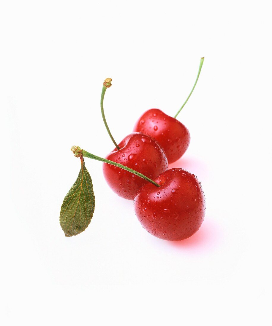 Three cherries with drops of water