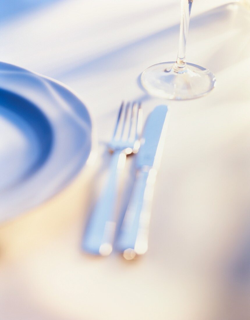A place setting with cutlery and a stemmed glass