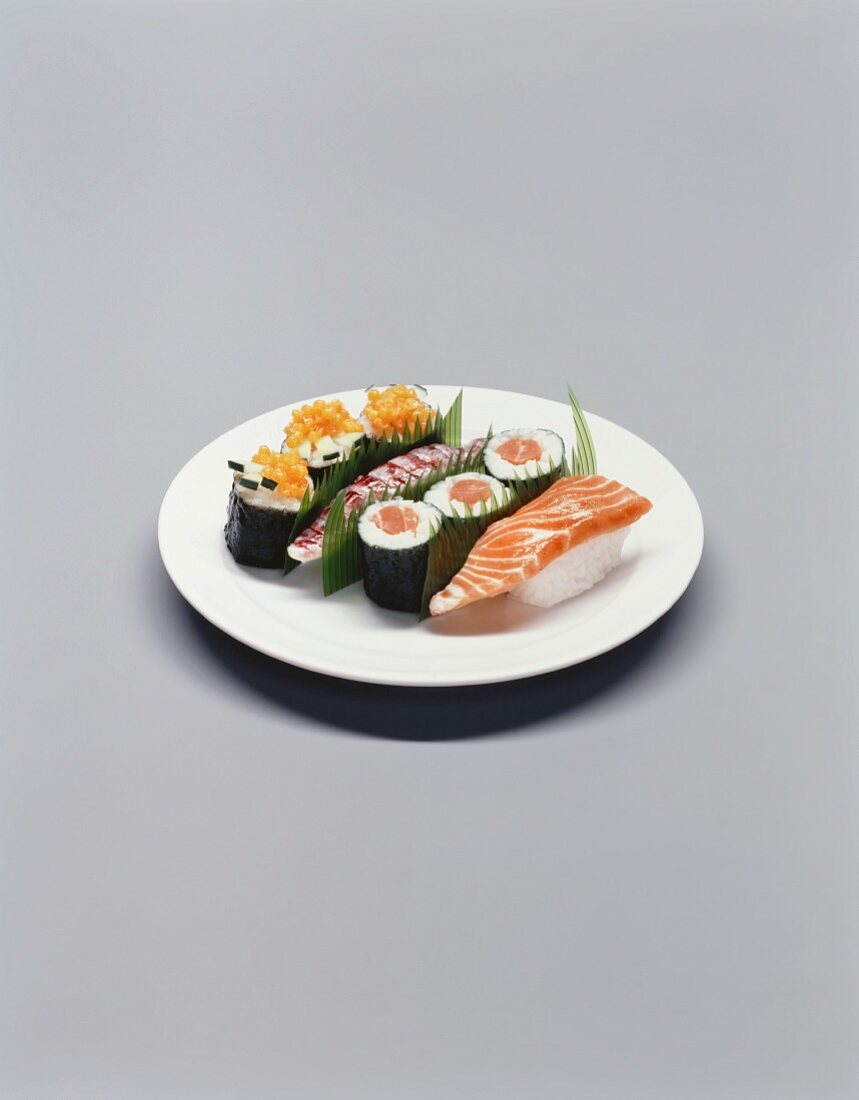 Various types of sushi on a plate