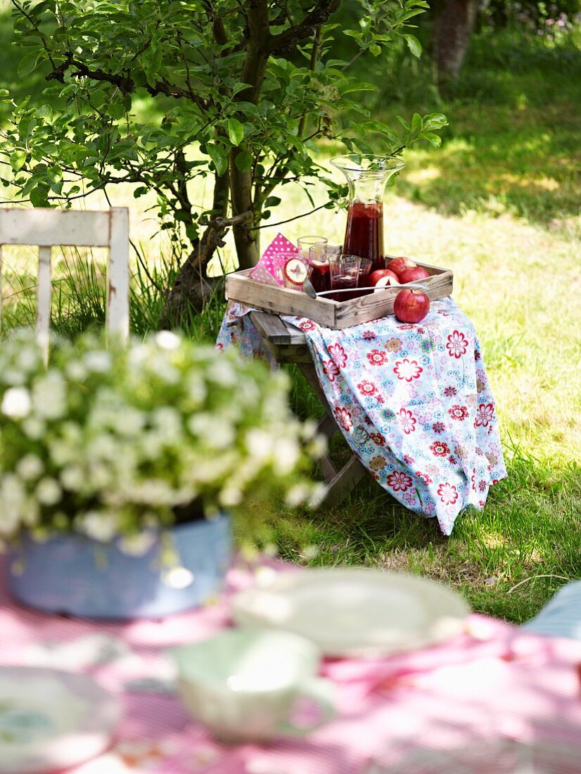 Apfelbowle auf Tisch in sommerlichem Garten