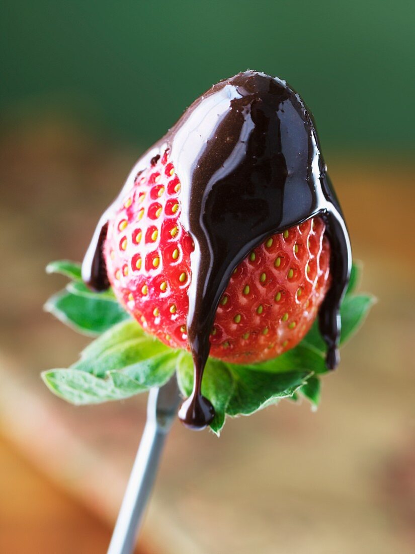 Aufgespiesste Erdbeere mit Schokoladensauce (Nahaufnahme)