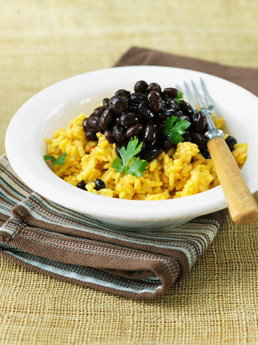 Bowl of Black Beans and Yellow Rice