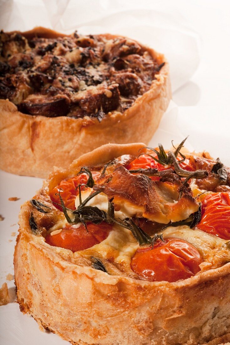 Two Deep Dish Pizzas; Mushroom and Cheese and Tomato and Cheese