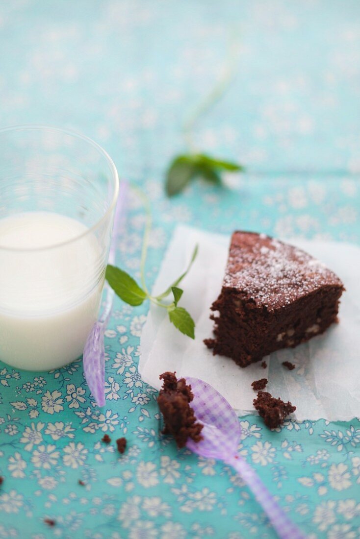 A slice of chocolate cake and a glass of milk