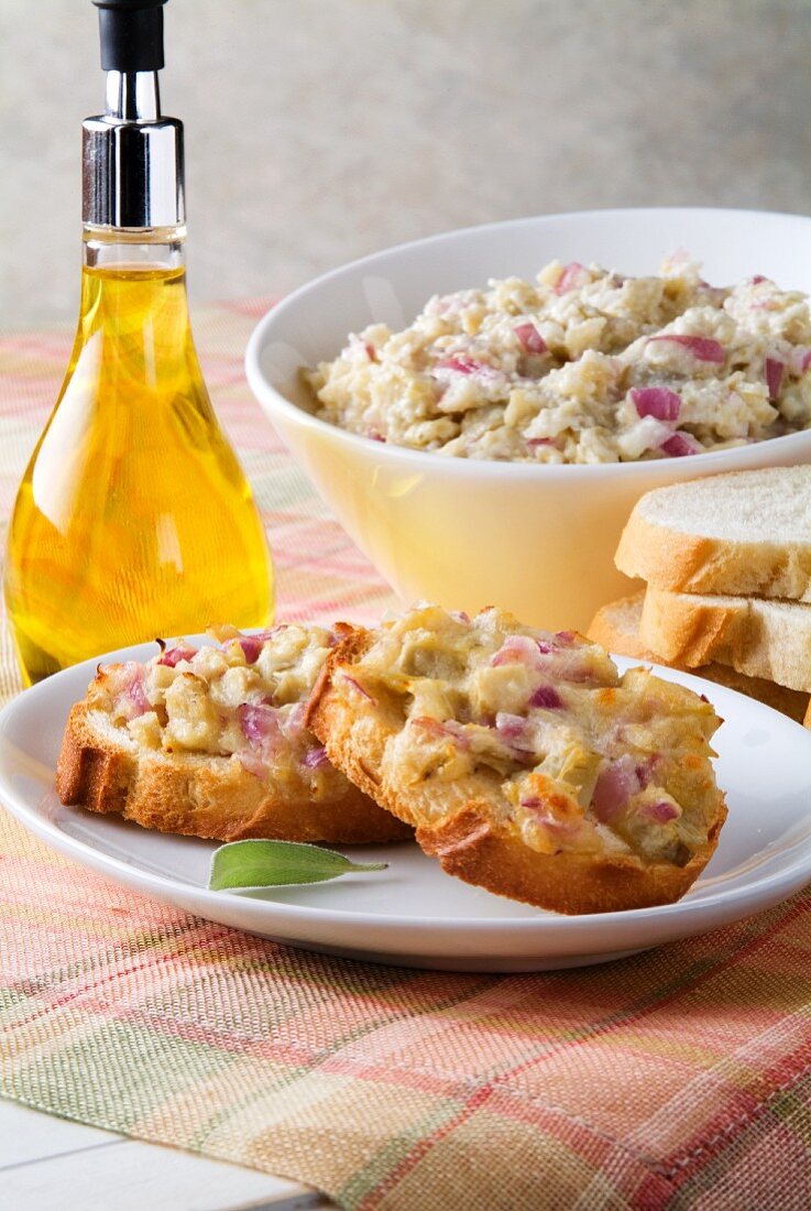 Brushetta; Bread Slices, Topping and Olive Oil