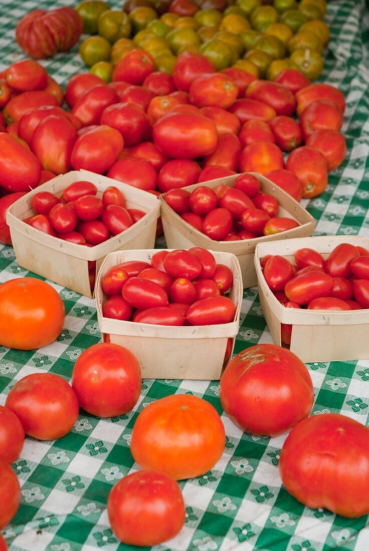 Verschiedene Tomatensorten auf Marktstand
