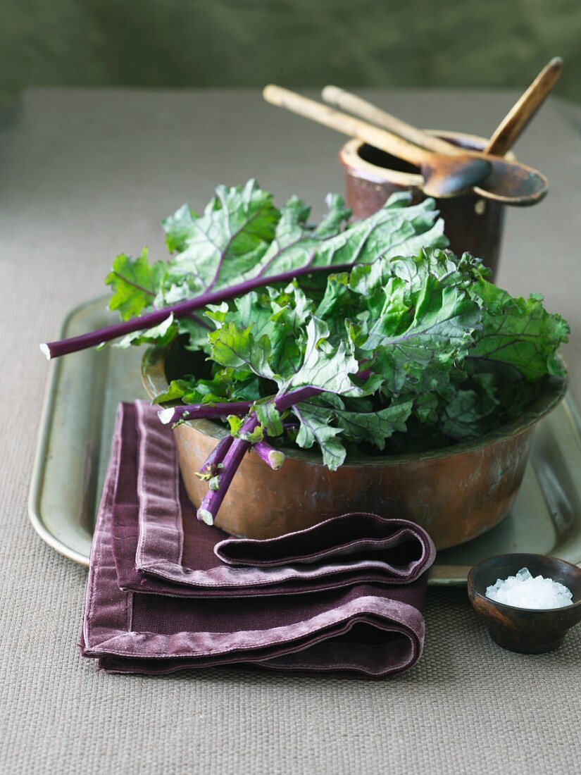 Fresh Organic Kale with a Small Bowl of Salt