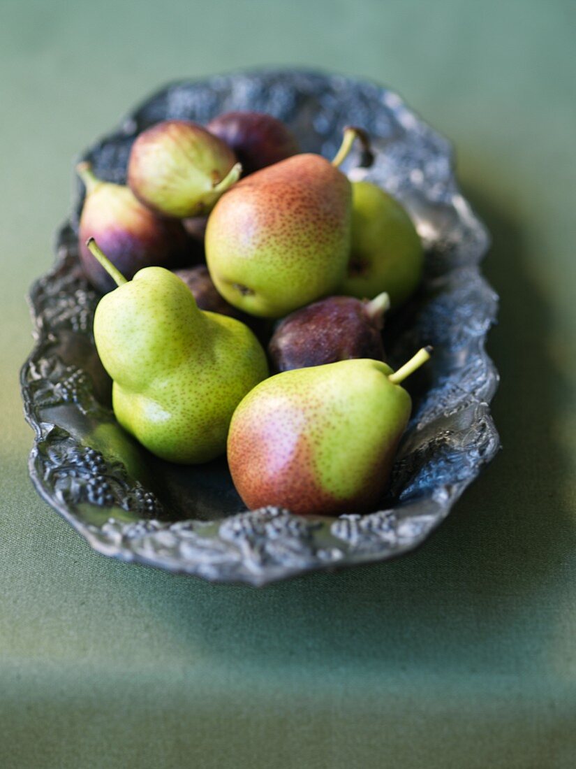 Pears and Figs in a Pewter Bowl