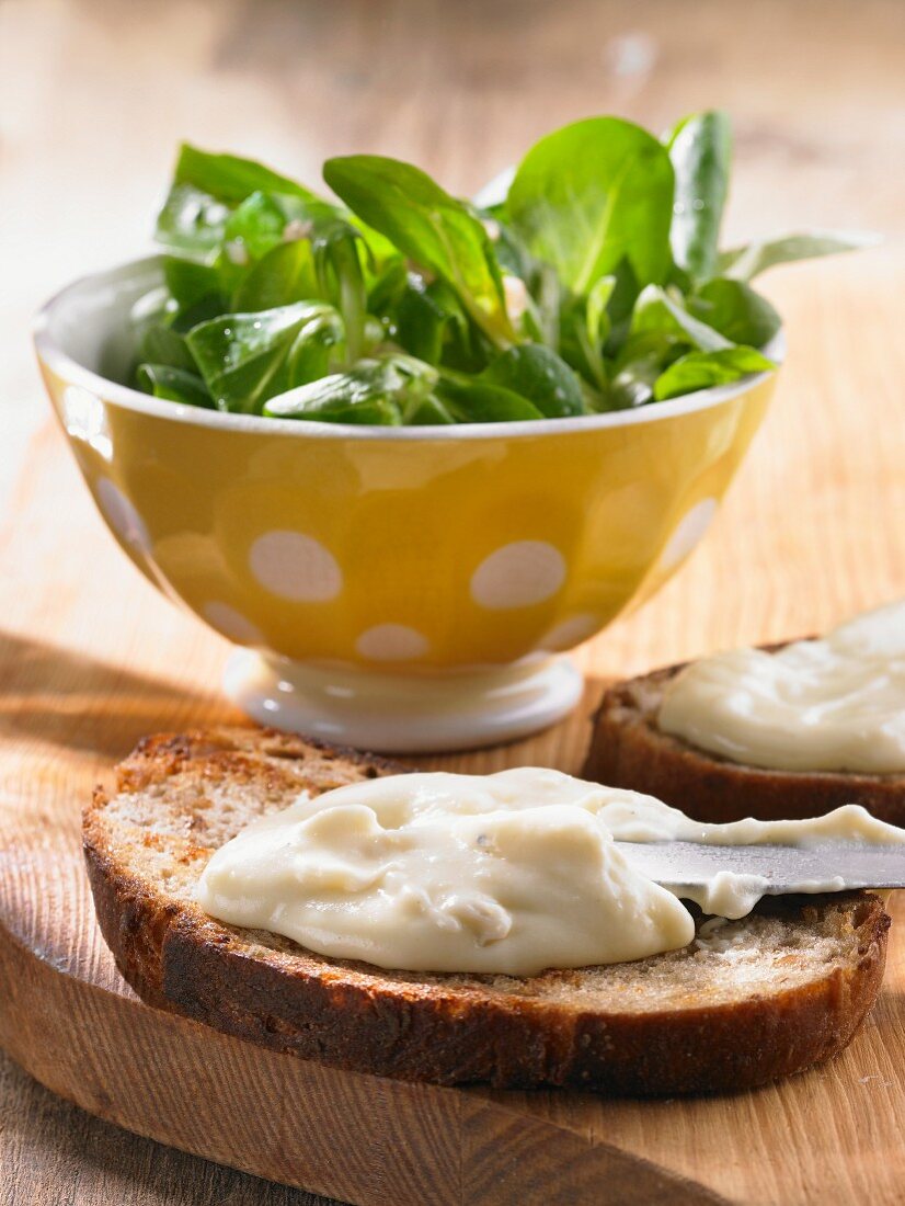 Aligot (Kartoffelpürree mit Käse, Frankreich) auf Brotscheibe