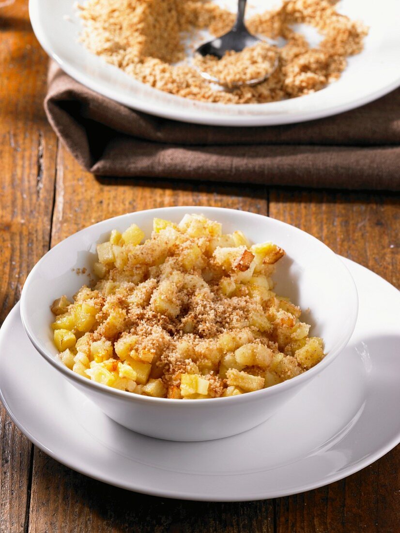 Pommes Risolee (fried diced potatoes) wih breadcrumbs