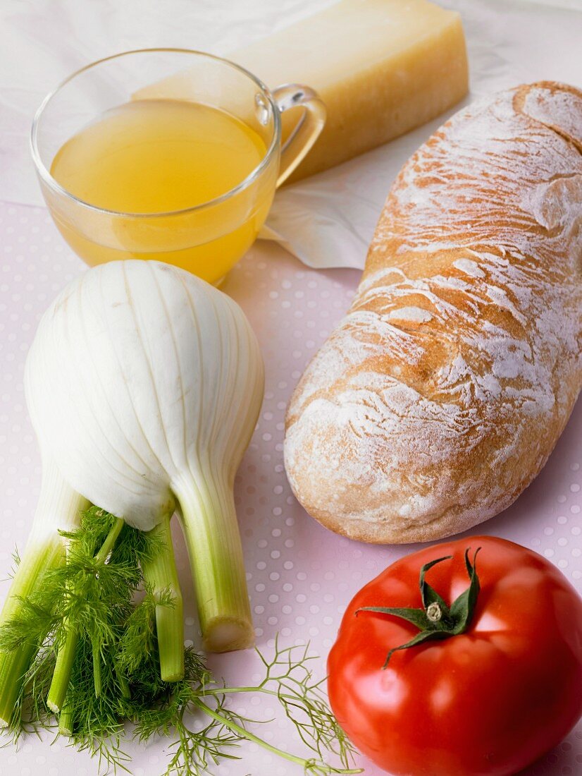 Ingredients for fennel soup with toasted bread