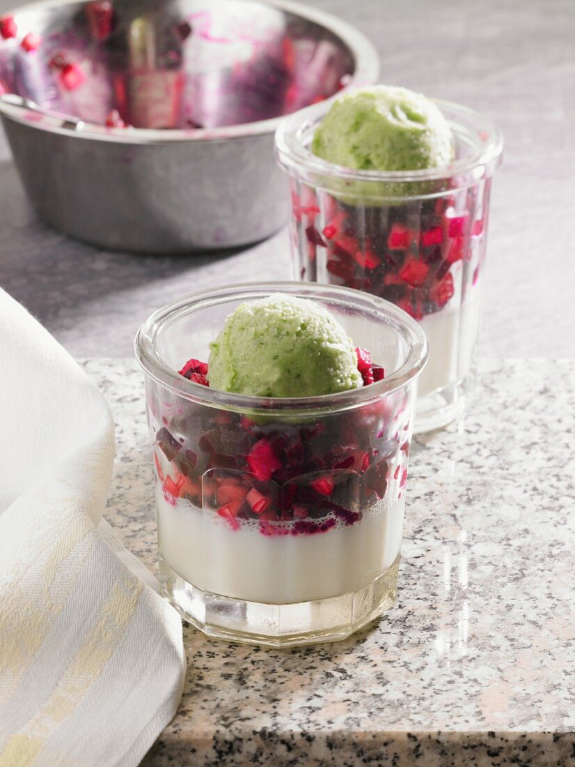 Panna cotta with beetroot and pistachio ice cream