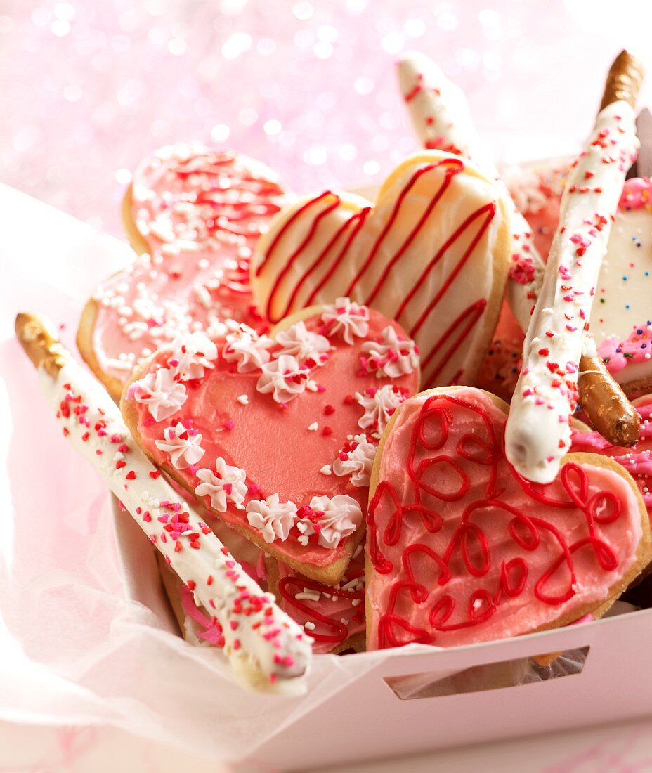Box of Valentine's Cookies and Chocolate Covered Pretzel Rods