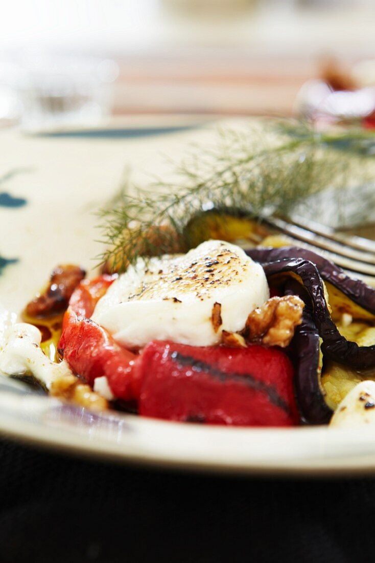 Grilled peppers and aubergines with mozzarella