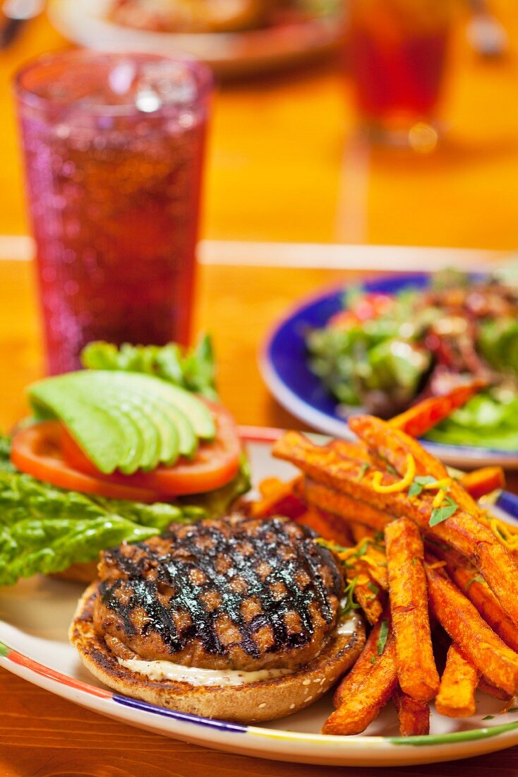 Grilled Turkey Burger with Sweet Potato Fried and a Soda