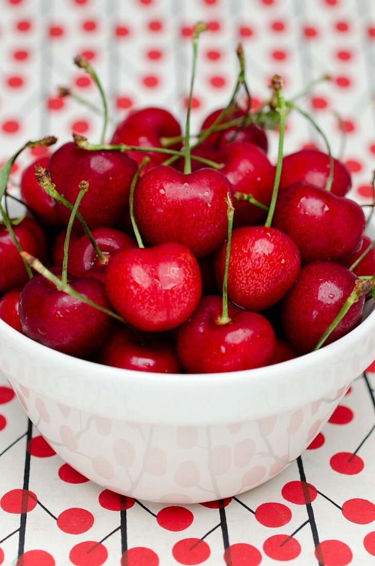 Bright Red Cherries with Stems in a White Bowl
