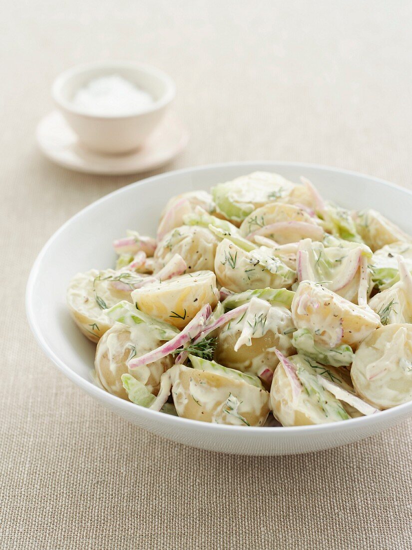 Kartoffelsalat mit roten Zwiebeln, Sellerie & Dill-Joghurt-Sauce