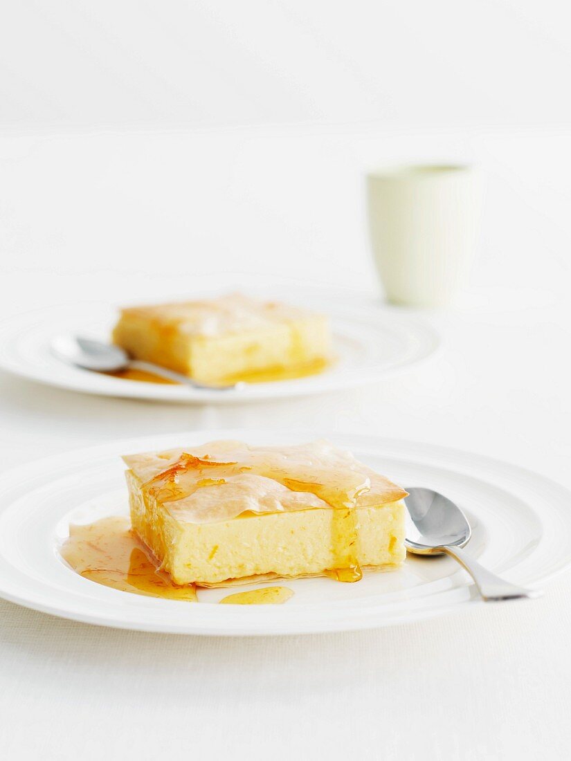 Filo pastry cheese cake with orange sauce