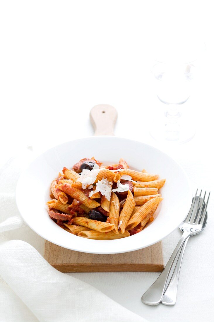 Penne with chorizo and olives