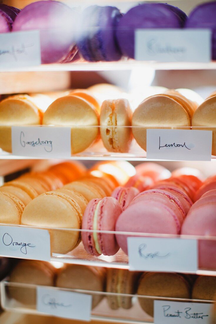 Macaroon varieties in bakery display