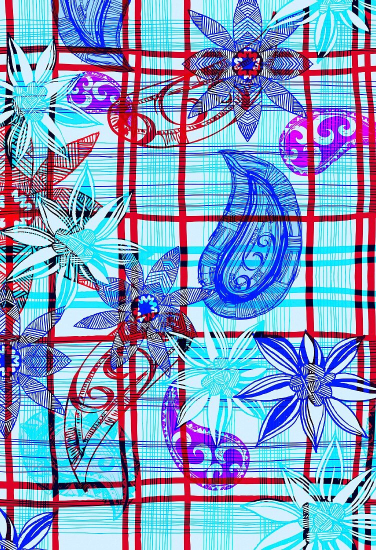 Flowers and paisley motifs on plaid background (print)