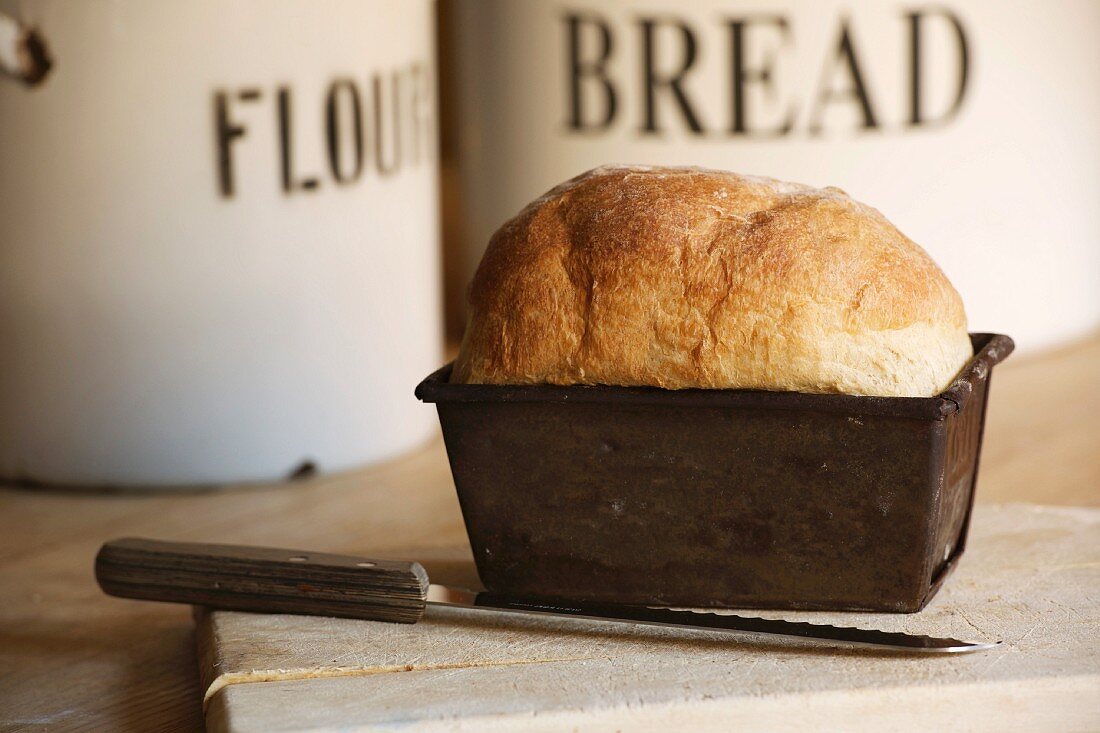 A loaf of bread in a baking tin