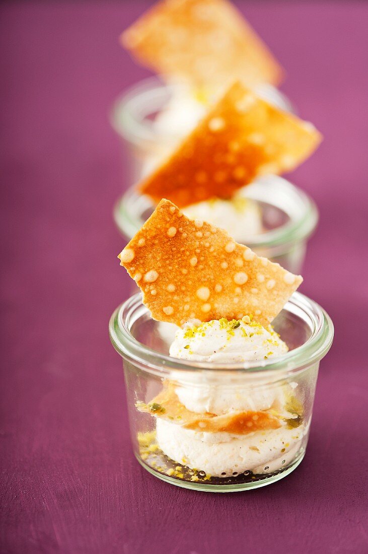Elderflower and yogurt mousse with pistachios