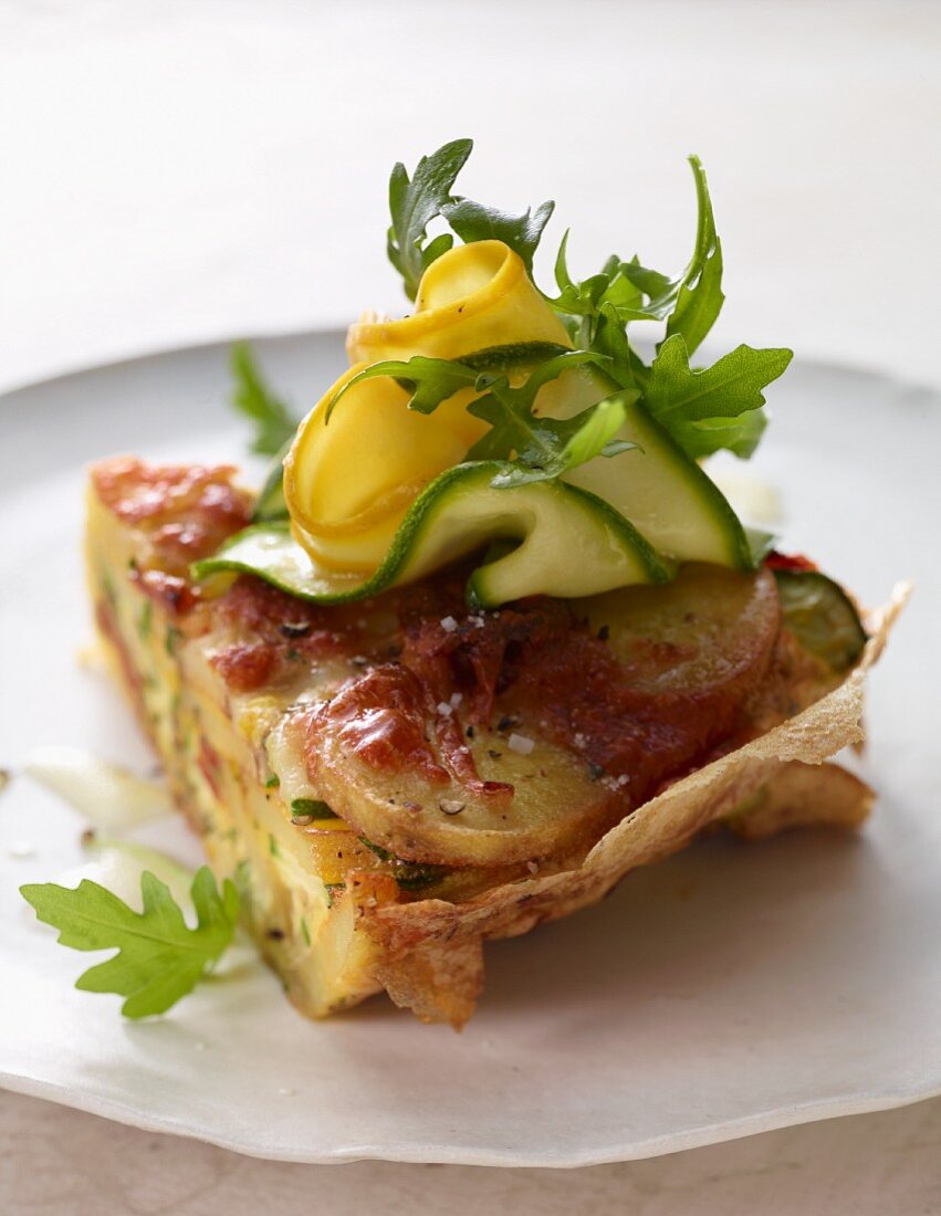 Potato tortilla with chorizo, courgette and Manchego