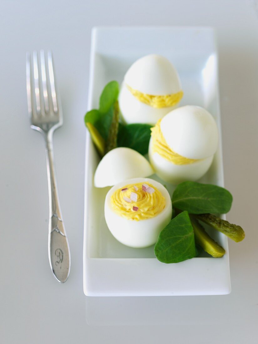 Deviled Eggs on White Serving Dish